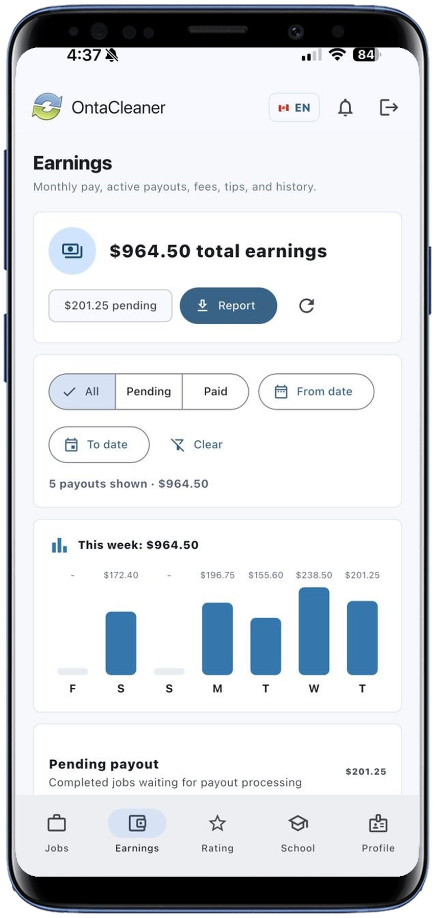 OntaCleaner weekly earnings screen